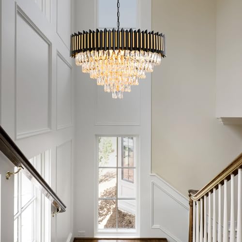 Modern Crystal Chandeliers 3 Tiers Black and Gold Chandelier Pendant Light Fixtures Round Flush Mount Chandeliers Ceiling Lighting for Living Room Dining Room Foyer Bedroom Entryway Kitchen W16in