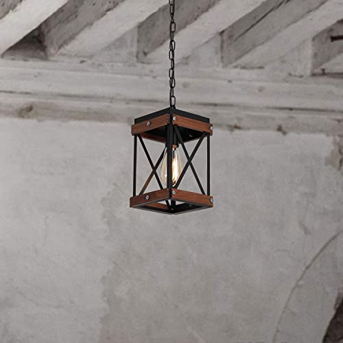 Modern Farmhouse Antique White Distressed Pendant Light with Wood and Metal Cage, One-Light Adjustable Chains Rustic Mini Pendant Lighting Fixture for Kitchen Island Cafe Bar