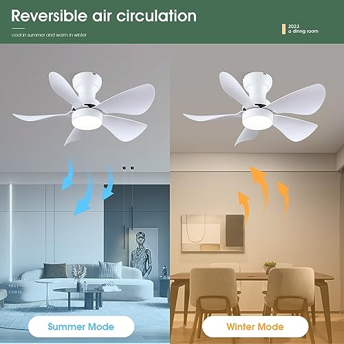 Ceiling Fans with Lights and Remote/APP Control, 30 inch Low Profile Ceiling Fans with 5 Reversible Blades 3 Colors Dimmable 6 Speeds Ceiling Fan for Bedroom Kitchen Dining Room, White