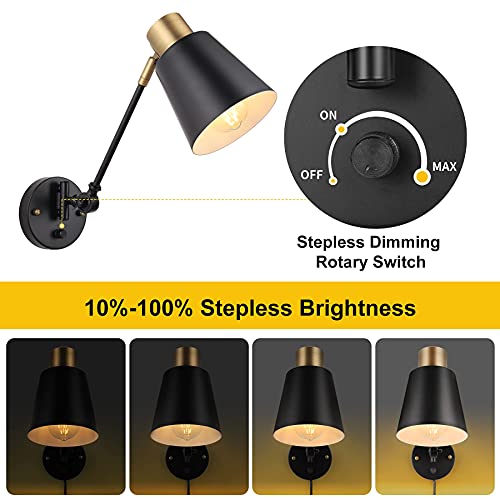 Dimmable Wall Lamp with Plug in Cord, ENCOMLI Plug in Wall Sconces Set of Two, Swing Arm Sconces Wall Lighting with On Off Switch, Metal Black Brass Industrial Wall Sconce Plug in Wall Light, E26 Base