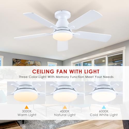 Ceiling Fans with Lights- 46"Low Profile Indoor Ceiling Fan with Light and Remote/APP Control, Flush Mount, LED Dimmable DC Reversible Modern Ceiling Fan for Bedroom（Black）