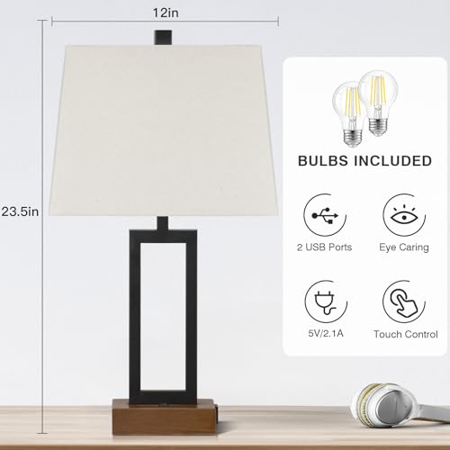 23.5" Touch Control Table Lamps, Metal Bedside Lamp for Bedroom Set of 2 with USB A+C Ports & AC Outlet, 3-Way Dimmable Nightstand Lamp for Living Room (LED Bulb Included)