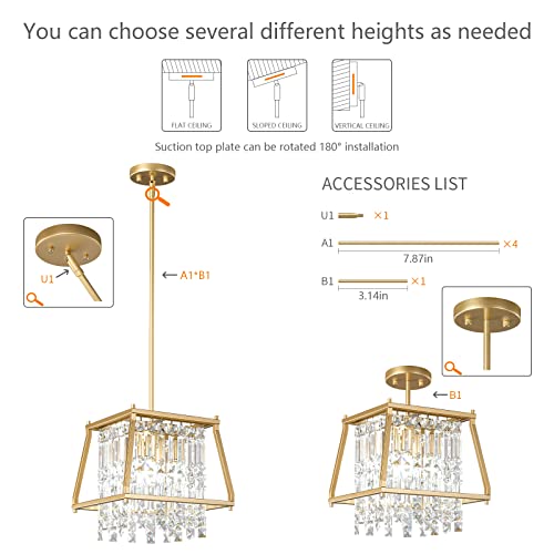 4-Light Dining Room Light Fixture 11.81 inch Square Lndustrial Farmhouse Chandelier Gold Metal Crystal Pendant Light for Kitchen Island Dining Room Living Room Flat and Inclined Ceiling