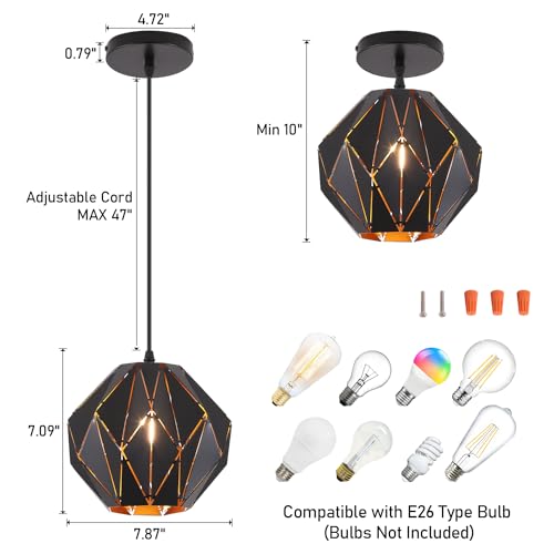 Pendant Light Industrial Vintage Pendant Lamp Retro Farmhouse Ceiling Hanging Light Fixture Black Metal Creative Geometric Diamond Shade Pendant Lighting for Kitchen Island