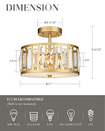 Crystal Semi Flush Mount Chandelier, 11'' Gold Ceiling Light, Modern Flush Mount Light Fixture for Bedroom Kitchen Laundry Entryway, CL4832-1W-PG