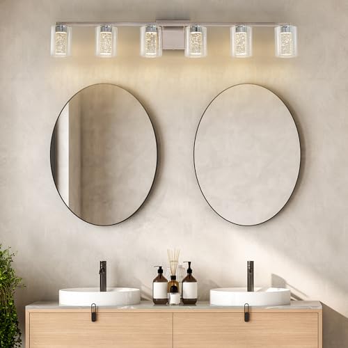 2-Light Brushed Nickel Vanity Light with 3 Color Modes (3000K/4000K/6000K), Eye Protection LED Bathroom Light Fixture, Dimmable Modern Wall Light Over Mirror with Clear Glass Shade