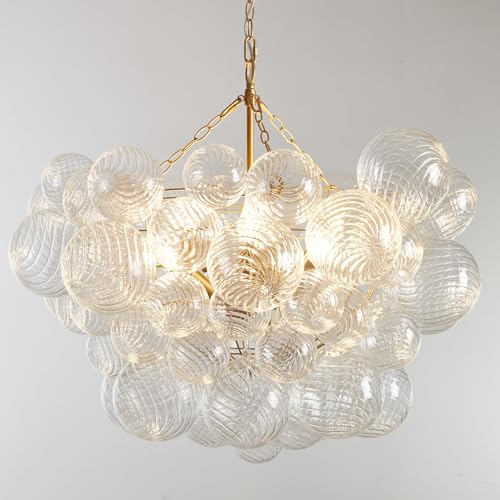 Semi Flush Mount Ceiling Bubble Ball Chandelier Lighting Dia 20 Inch Gold Clear Ribbed Blown Glass Chandeliers Ceiling Medallions Light Fixtures for Bedroom, Living Room, Entry, Bathroom