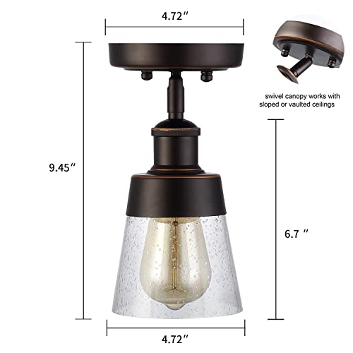 Rustic Glass Flush Mount Light Fixture Mini Clear Seeded Glass Shade Semi Flush Mount Ceiling Light for Hallway Farmhouse Kitchen Entryway, Oil Rubbed Bronze