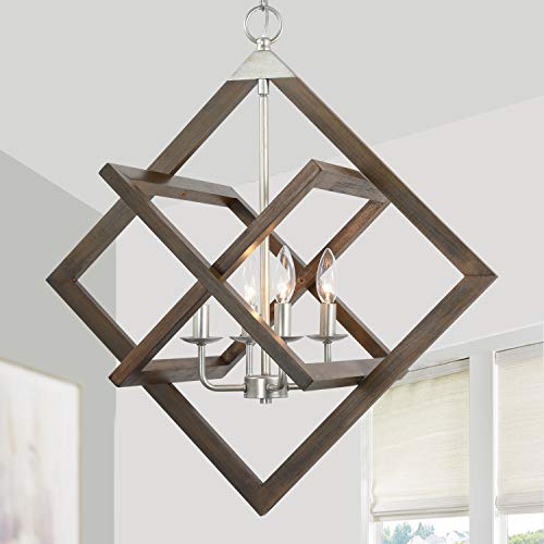 2024 Upgraded Wood Farmhouse Chandeliers for Dining Room, 4-Light Rustic Foyer Geometric Lantern Coastal Pendant Light Fixture, Modern French Country Lighting for Kitchen Island Entryway Bedroom Entry