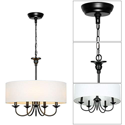 Traditional 5-Light Chandelier Modern White Drum Chandeliers with Linen Shade for Dining Room Living Room Foyer, 20" Dia