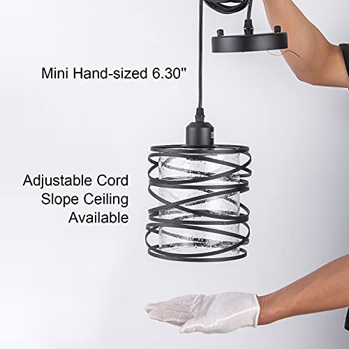 Modern Mini Pendant Light Fixture Kitchen Island Pendant Lighting 6.30''Matte Black Spiral Cage Handblown Clear Seeded Glass Shade Hanging Lamp Adjustable Cord for Dining Room 1-Pack,E26