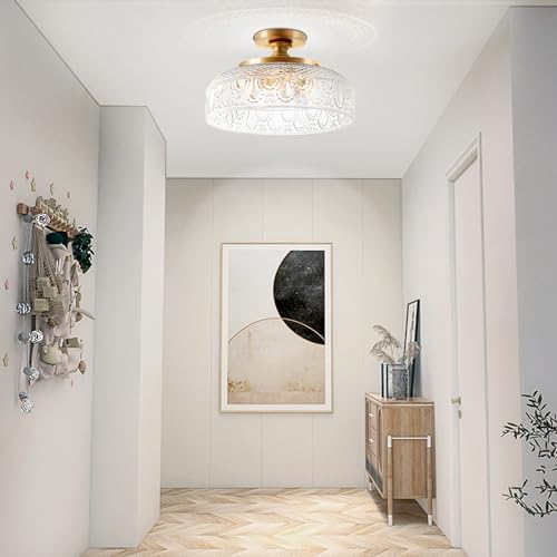 Semi Flush Mount Ceiling Light, Upgraded Larger Golden Hallway Light Fixture, 3-Bulb Globe Glass Close to Ceiling Light,Indoor Hanging Light for Bedroom Kitchen Porch Hallway,Bulbs Not Included