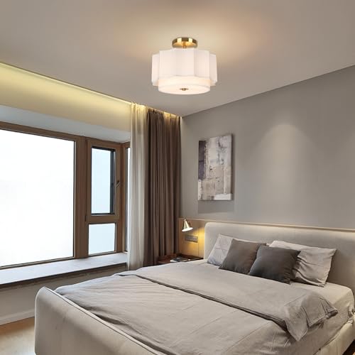 Modern Semi Flush Mount Ceiling Light - Easric Light Fixtures Ceiling Mount Hallway Light Fixtures Ceiling with Black 2-Layer Fabric Shade Drum Ceiling Lights for Bedroom,Dining Room,Kitchen,Foyer