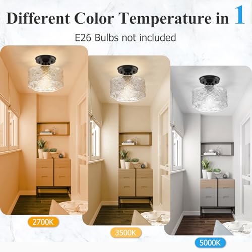 Modern 3-Light Semi Flush Mount Ceiling Light, Clear Glass Hallway Ceiling Light Fixture with Round Shade, Industrial Black Glass Close to Ceiling Lamp for Bathroom Kitchen Bedroom Porch