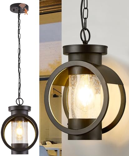 Motion Sensor Outdoor Pendant Light Fixture, Farmhouse Exterior Hanging Lamp with Adjustable Chain, Anti-Rust Aluminum Outdoor Chandelier, Large Exterior Ceiling Mount Hanging Light for Entryway,Porch