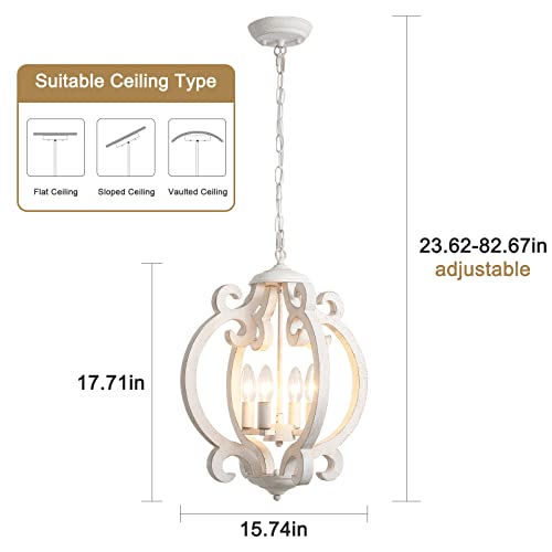 Farmhouse Chandelier for Dining Room 4 Light French County Chandelier White Wooden Rustic Pendant Light Fixtures for Hallway Foyer Living Room Entryway Kitchen Island Bedroom