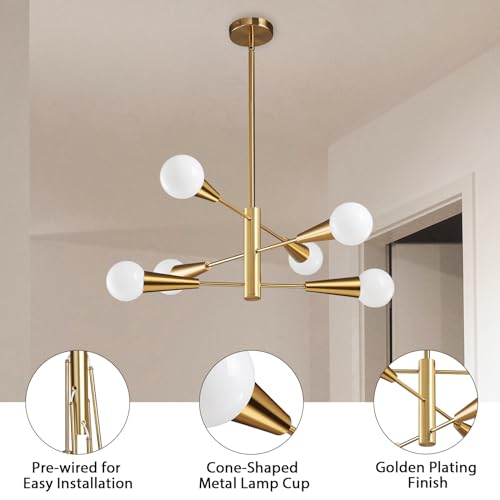 Sputnik Chandelier Modern Gold Chandelier 6-Light E26 Mid Century Ceiling Light Fixture Height Adjustable Hanging Pendant Lighting for Dining Room Kitchen Island Bedroom Office