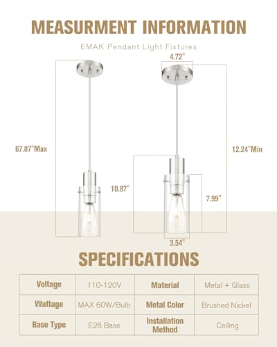 Emak Gold Pendant Light Fixtures, 3-Light Pendant Lights with Clear Glass Shade, Modern Farmhouse Hanging Lights for Kitchen Island, Dining Room, Bathroom, Bedroom, PL120-GD-CL