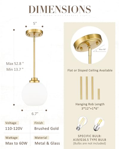 Modern Polished Gold Pendant Light, Mid Century Globe Hanging Light Fixture with Clear Glass for Kitchen Island Dining Room Bedroom Hallway Foyer (2 Pack), PL101BG-2PK