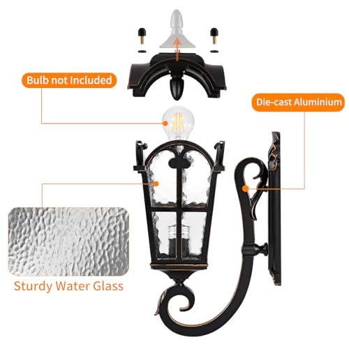 PARTPHONER Outdoor Wall Light Fixtures Black Roman 17.71" H Exterior Wall Lantern Waterproof Sconce Porch Lights Wall Mount with Water Glass Shade for House