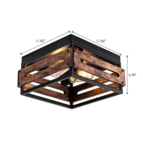 2-Light Farmhouse Flush Mount Ceiling Light, Rustic Ceiling Light, Metal and Wood Square Dining Room Light Fixture for Hallway Farmhouse Entryway Balcony Kitchen