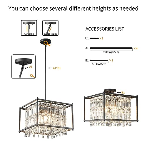 4-Light Dining Room Light Fixture 11.81 inch Square Lndustrial Farmhouse Chandelier Gold Metal Crystal Pendant Light for Kitchen Island Dining Room Living Room Flat and Inclined Ceiling