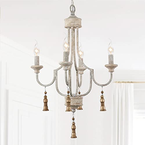 2024 New French Country Chandeliers for Dining Room, Handmade Grey Wood 4-Light Rustic Farmhouse Coastal Distressed Pendant Light for Kitchen Foyer Entryway Bedroom, with 4 Gold Wooden Pendants