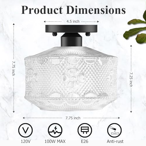 Modern 3-Light Semi Flush Mount Ceiling Light, Clear Glass Hallway Ceiling Light Fixture with Round Shade, Industrial Black Glass Close to Ceiling Lamp for Bathroom Kitchen Bedroom Porch