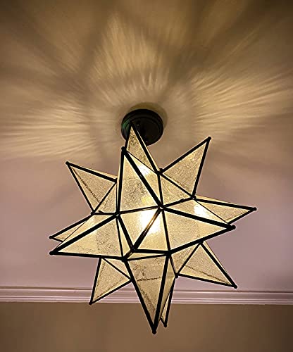 Moravian Star Pendant Light 20-Inch Large Hanging Ceiling Light Modern Gold Finish with Seeded Glass Adjustable Chain