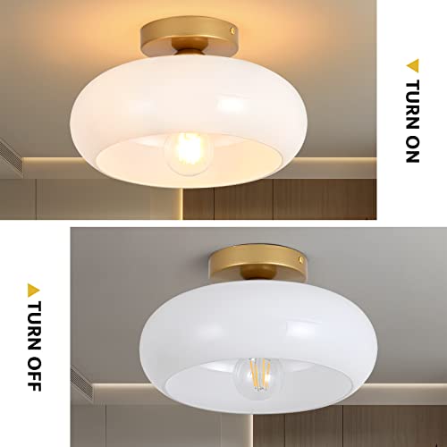 Mid-Century Modern Gold Semi Flush Mount Ceiling Light, Kitchen Ceiling Light Fixture with Glass Shade, Vintage White Close to Ceiling Lamp for Entryway Hallway Bathroom (8.66 Inch)