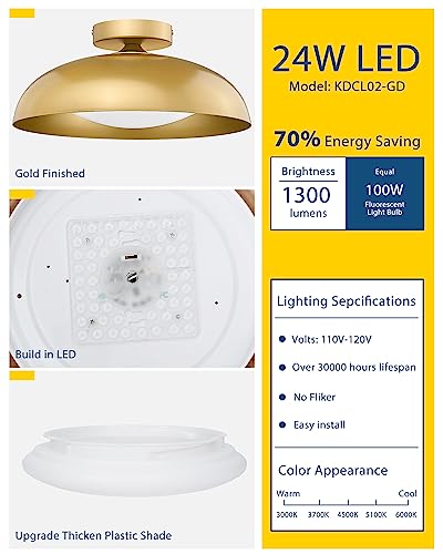 Gold Ceiling Light, 12 Inch LED Semi Flush Mount Ceiling Light Fixture, 12W/700Lm Ceiling Lights for Kitchen, Bathroom, Hallway, 3000K/4000K/6000K Adjustable, KDCL01-GD