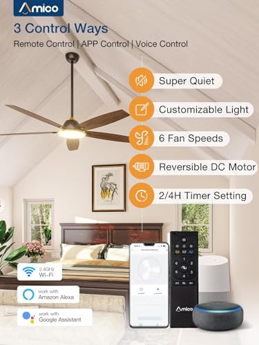 Ceiling Fans with Lights, 52 inch Smart Ceiling Fan with Remote/APP/Alexa Control, Reversible DC Motor, 5 Blades, 6 Speeds, 3CCT, Dimmable, Noiseless, Wifi Ceiling Fan for Bedroom, Farmhouse