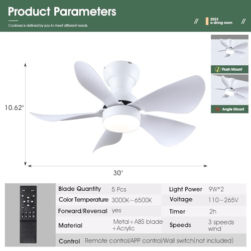 Ceiling Fans with Lights and Remote/APP Control, 30 inch Low Profile Ceiling Fans with 5 Reversible Blades 3 Colors Dimmable 6 Speeds Ceiling Fan for Bedroom Kitchen Dining Room, White