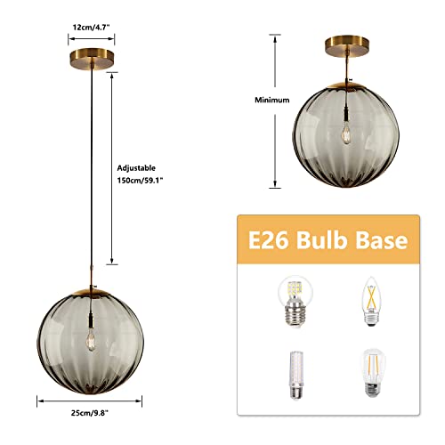 KCO Lighting Modern Gold 3 Light Hanging Pendant Light Large Smoke Glass Globe Cluster Chandelier Brush Brass Kitchen Island Light Fixture Nordic Multi Light Pendant Lighting