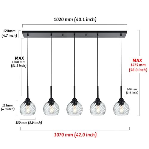 3 Light Island Lights for Kitchen with Striped Swirl Globe Glass, Black Linear Hanging Pendant Light Fixture Farmhouse Chandelier for Dining Room Bar Living Room