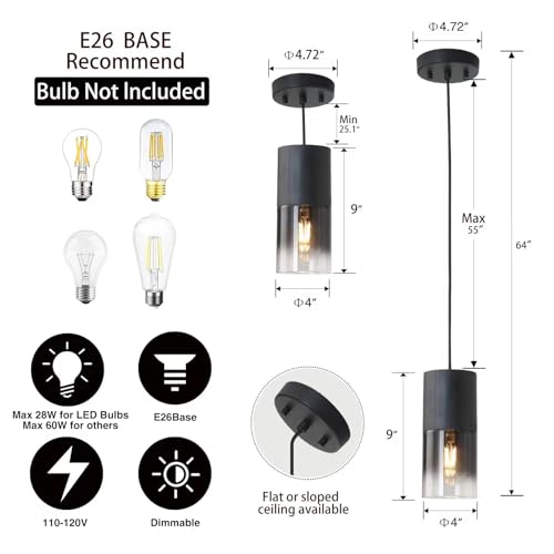 2-Pack Black Pendant Light Fixtures, Adjustable Modern Pendant Lights for Kitchen Island, Industrial Glass Pendant Lights for Dining Table Hallway Bedroom Living Room