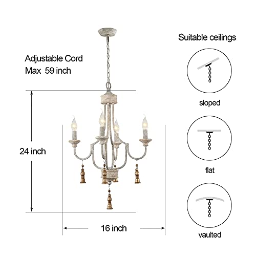 2024 New French Country Chandeliers for Dining Room, Handmade Grey Wood 4-Light Rustic Farmhouse Coastal Distressed Pendant Light for Kitchen Foyer Entryway Bedroom, with 4 Gold Wooden Pendants