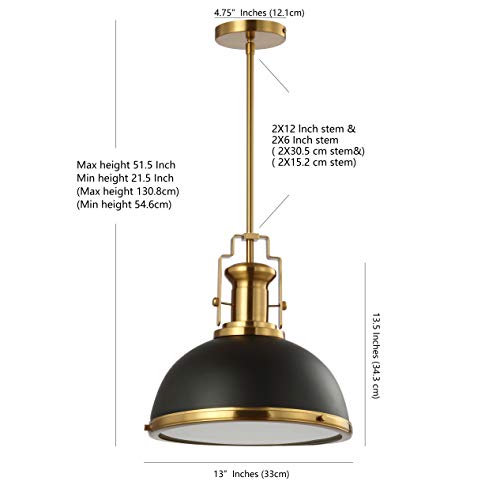 13" 1-Light Modern Industrial Iron LED Dome Pendant, Classic, Cottage, Farmhouse, Industrial, Rustic, Transitional, Office, Living Room, Kitchen, Foyer, Black/Brass Gold