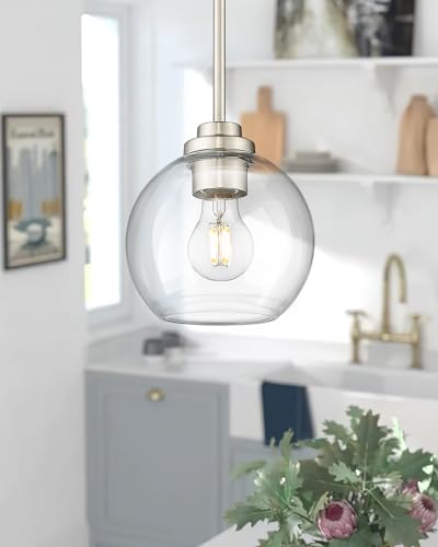 Modern Polished Gold Pendant Light, Mid Century Globe Hanging Light Fixture with Clear Glass for Kitchen Island Dining Room Bedroom Hallway Foyer (2 Pack), PL101BG-2PK