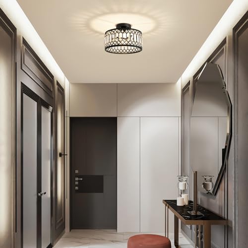 Crystal Black Ceiling Light, Modern Semi Flush Mount Ceiling Lighting Fixture, Round Hallway Lighting Fixtures Ceiling for Kitchen Entryway Bedroom Laundry Room, 1-Light, 11.4 Inch