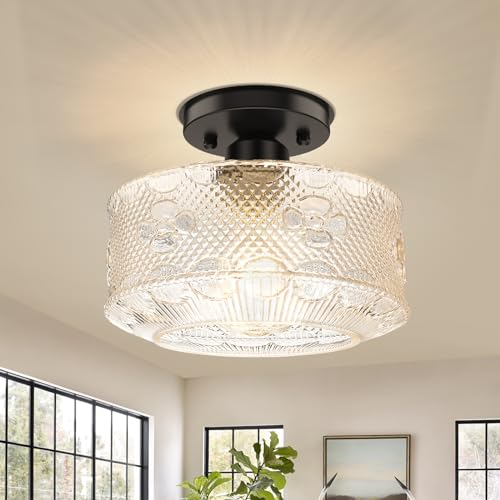 Modern 3-Light Semi Flush Mount Ceiling Light, Clear Glass Hallway Ceiling Light Fixture with Round Shade, Industrial Black Glass Close to Ceiling Lamp for Bathroom Kitchen Bedroom Porch