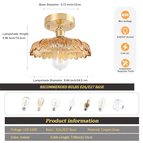 Semi Flush Mount Ceiling Light, Gold Hallway Vintage Lights Fixture Ceiling with Amber Peony Glass, Bulb Included, 4.72" Base Modern Ceiling Light Fixtures for Kitchen Bedroom