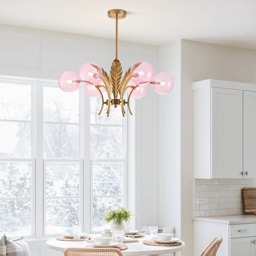 BOKT Mid Century Milk Glass Chandelier Gold G9 Ceiling Chandelier Light Industrial Metal Adjustable Pendant Lighting Farmhouse Large Globe Flush Mount Light Fixture for Dining Room Kitchen Indoor