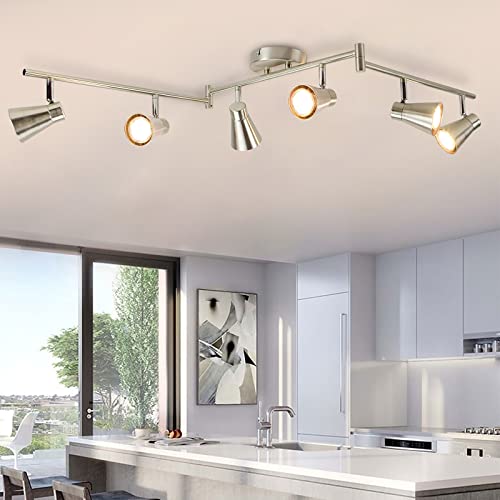 6-Light Flexible Track Lighting Rail, Modern Directional Led Spot Ceiling Light Fixture Flush, Brush Steel, Bulbs Included for Living Room, Dining Room, Bedroom, Kitchen, Office