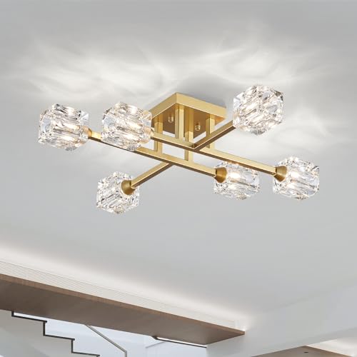 XINGQI Gold Chandelier Sputnik 8-Light Modern Farmhouse Glass Light Fixtures Rectangle Linear Chandelier for Dining Room Living Room Bedroom Kitchen Island