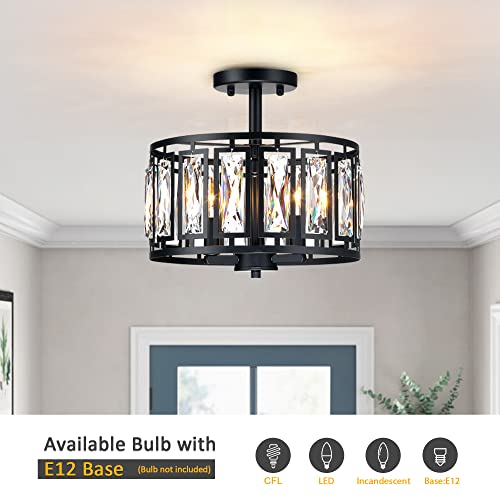 Crystal Pendant Lighting Fixture Matte Black Drum Shade Chandelier,2-Pack Pendant Lights for Kitchen Island Modern Ceiling Lights for Living Room