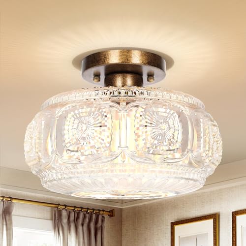 Semi Flush Mount Ceiling Light, Globe Glass Ceiling Light Fixture, Gold Modern Lighting for Hallway Porch Corridor Kitchen Bedroom, Bulb Not Included