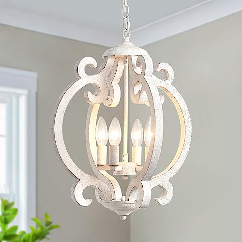 Farmhouse Chandelier for Dining Room 4 Light French County Chandelier White Wooden Rustic Pendant Light Fixtures for Hallway Foyer Living Room Entryway Kitchen Island Bedroom