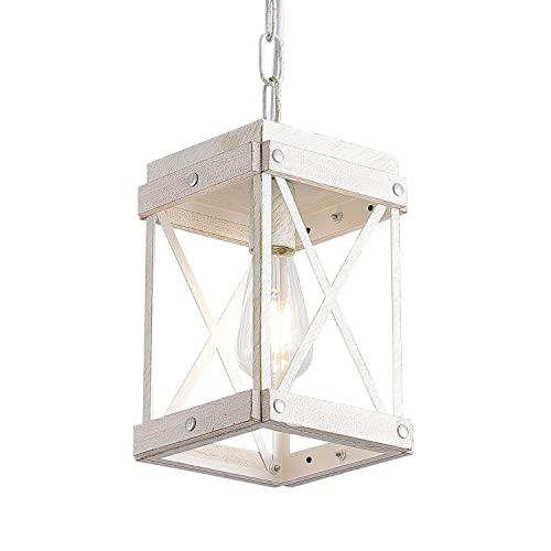 Modern Farmhouse Antique White Distressed Pendant Light with Wood and Metal Cage, One-Light Adjustable Chains Rustic Mini Pendant Lighting Fixture for Kitchen Island Cafe Bar