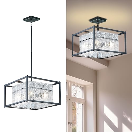 Modern Rectangle Black Crystal Chandeliers for Dining Room, 42" Large Rectangular Water Ripple Glass Island Light Fixture, Linear Farmhouse Lighting for Kitchen Island, Living Room, L42 x W11 x H12.